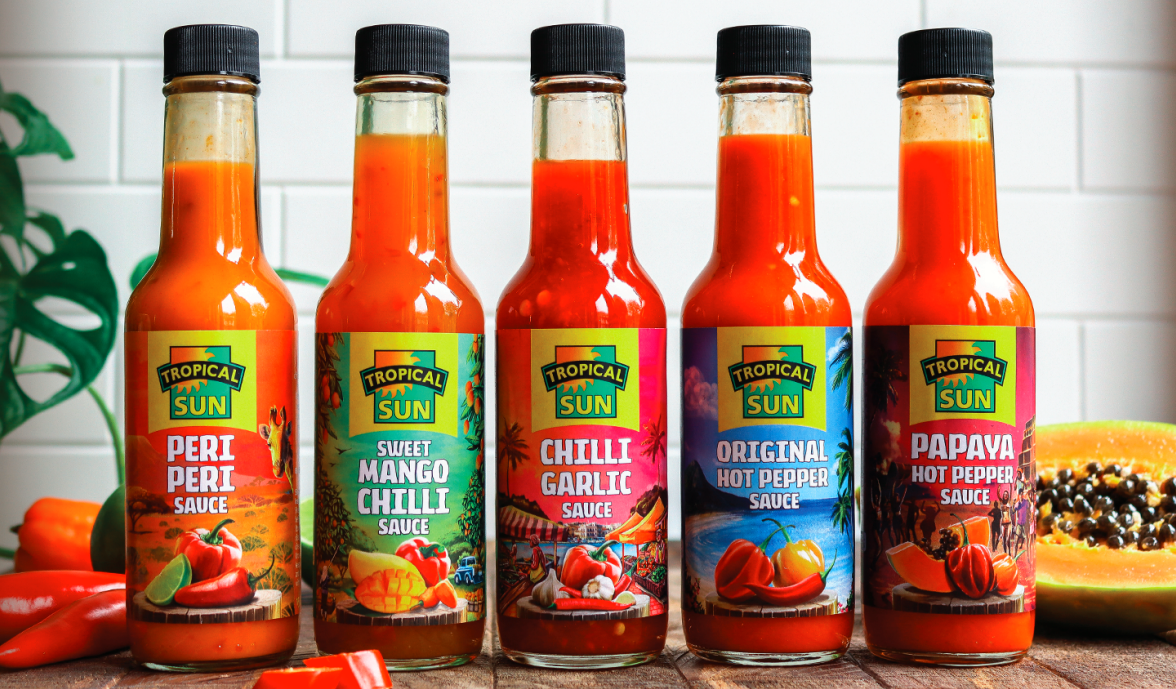 Tropical Vibes Table Sauces Lined Up